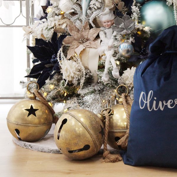 Coastal Chic Christmas Blue Velvet Sack Large Gold Antique Bell