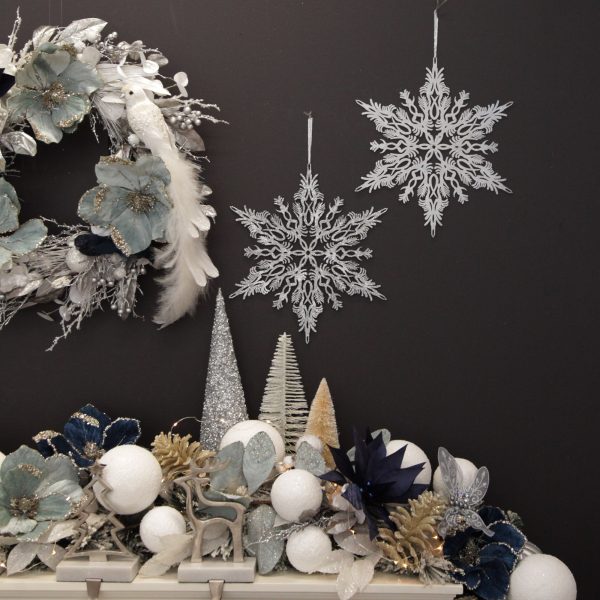 Coastal Chic Christmas Mantle Intricate Hanging Snowflake with other Christmas Decor