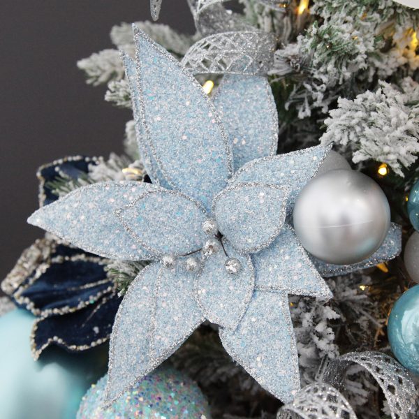 Coastal Chic Christmas Tree Ice Blue Glitter Poinsettia Flower Clip