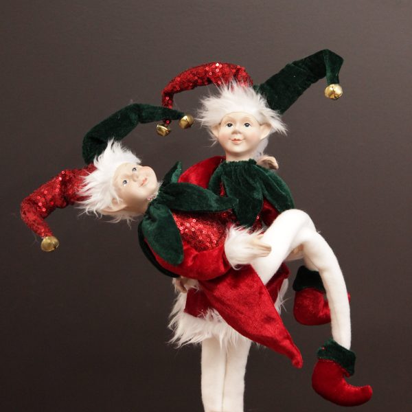 Harlequin Christmas Holiday Console Red and Green Elf Standing and Sitting