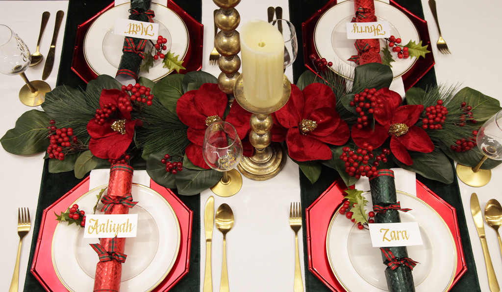 Harlequin Christmas Holiday Table Setting with Candle and Red flower