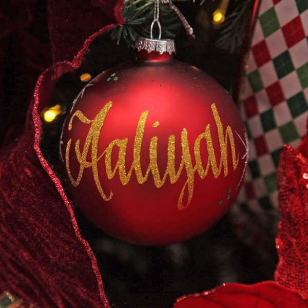 Harlequin Christmas Holiday Tree Personalised Red Glass Bauble