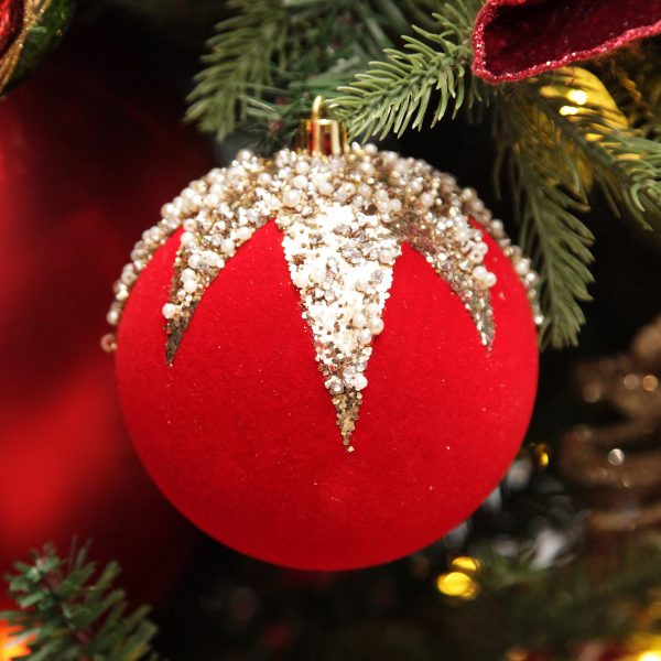 Harlequin Christmas Holiday Tree Red Flocked Bauble with Sequin Detail