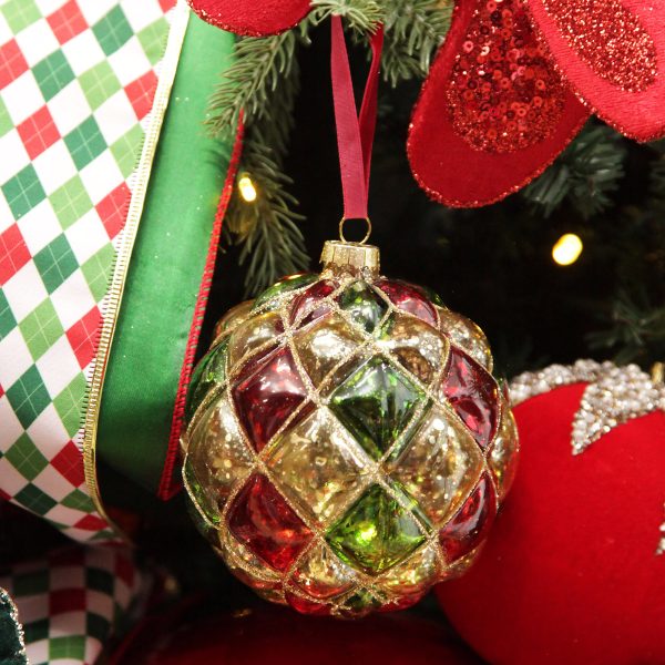 Harlequin Christmas Holiday Tree Red Green Gold Diamond Glass Ball