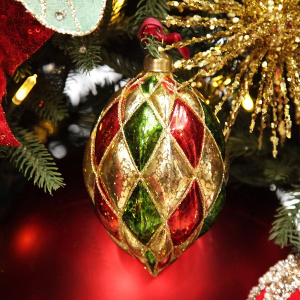 Harlequin Christmas Holiday Tree Red Green Gold Diamond Glass Long
