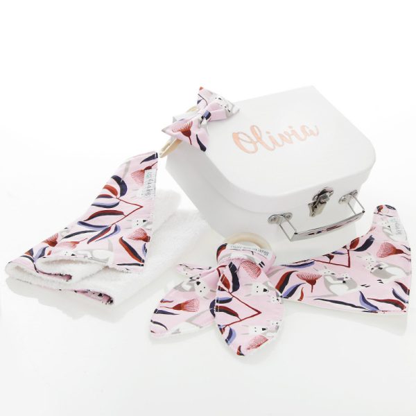 Australian Baby Gift Set Pink Kangaroo Personalised White Suitcase Keepsake Box