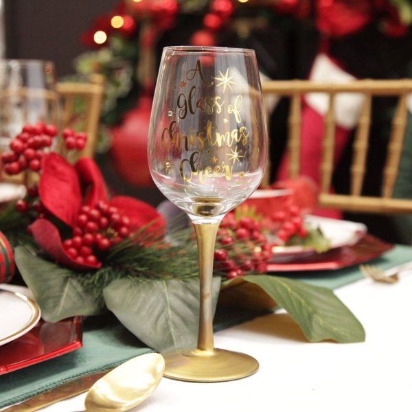 Harlequin Christmas Holiday Table Personalised a Glass of Cheer Wine Glass