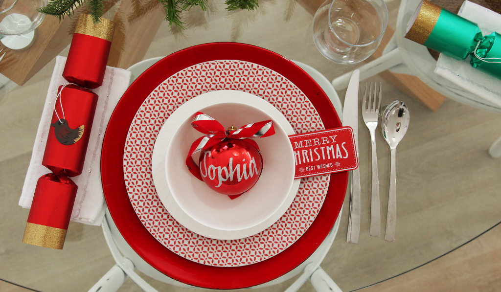 Candy Cane Christmas Dining Set with Personalised Red Shatterproof Christmas Bauble