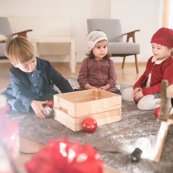 Kids Christmas Fun Game Party with the Kids with Wood Box in the middle
