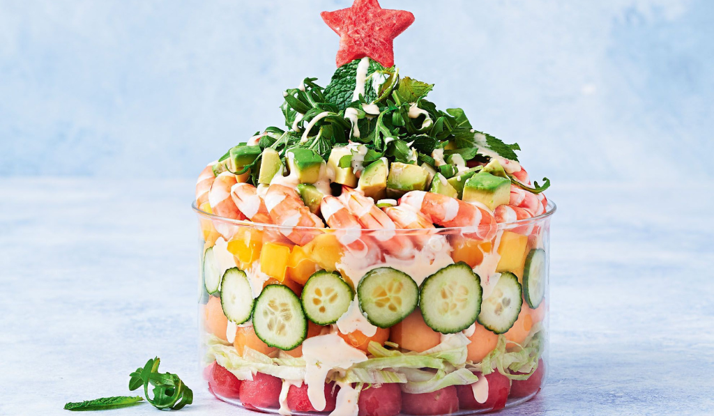 The Ultimate Aussie Christmas Salad with a Watermelon Star Placed on top of the Salad