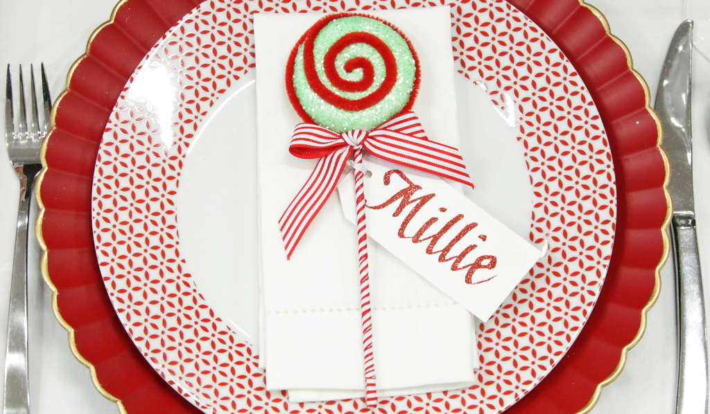 Peppermint Candy Christmas Red and Mint Green Velvet Lollipop Christmas Pick with Personalised Gift Tags