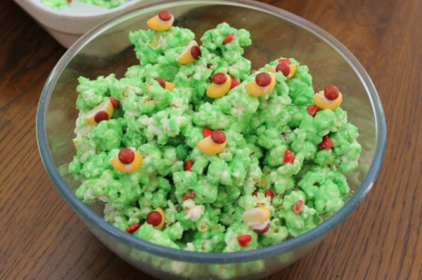 Grinch Popcorn Placed in a Bowl