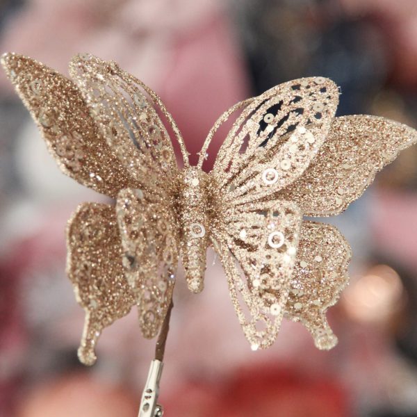 Champagne Glitter and Sequin Butterfly Clip Christmas Decorating Trend