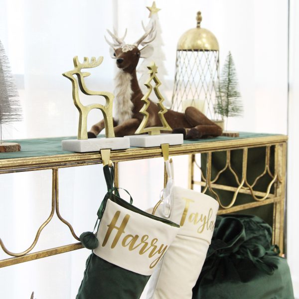 Christmas Village Console - Golden deer and christmas tree christmas stocking hanger - Green and whilte stocking