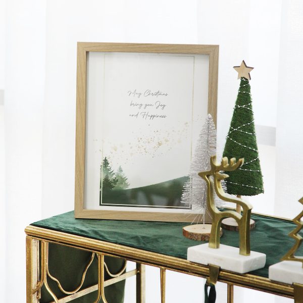 Christmas Village Poster with stocking hanger golden deer and table top christmas tree