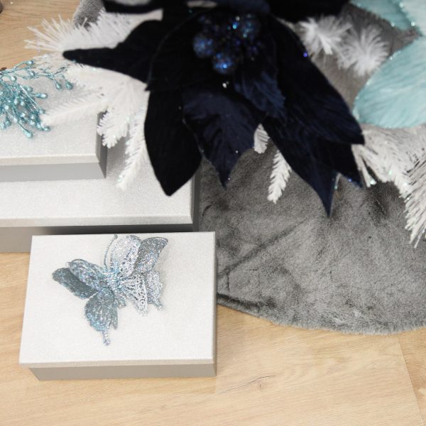 Grey Faux Fur Christmas Tree Skirt with Gift box with light blue Butterfly on top