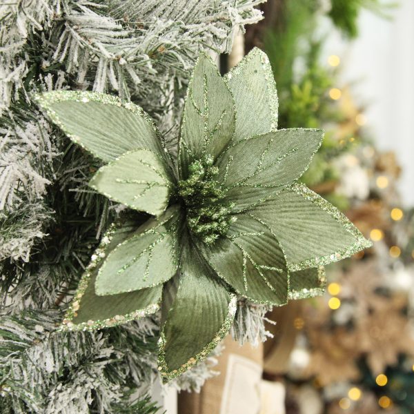 Lush Sage Poinsettia Flower Stem with Sequin Placed in a Garland