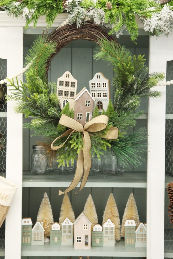 Nordic Christmas Village DIY wreath Cabinet Close Up