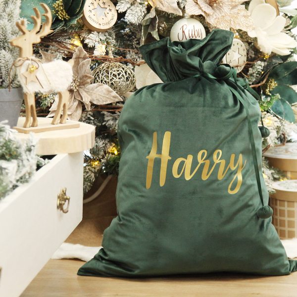 Personalised Green Velvet Santa Sack - Name Harry