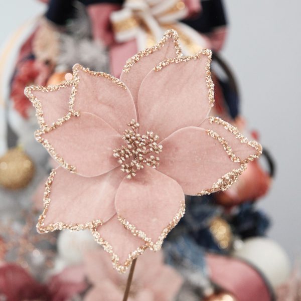 Pink Velour Poinsettia Flower Stem with Glitter Edge Christmas Decor