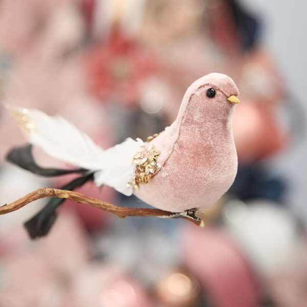 Pink Velvet Bird with Sequins Attached on a single Branch