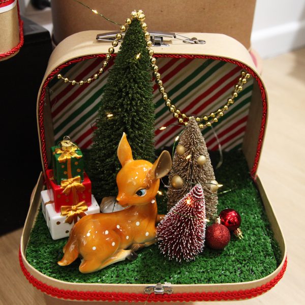 Vintage Suitcase Scene Christmas Craft - Bambi Ornament Sitting Down