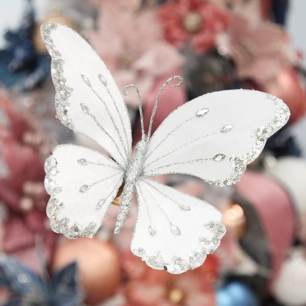 White Satin and Silver Sequin Butterfly Clip Christmas Decoration