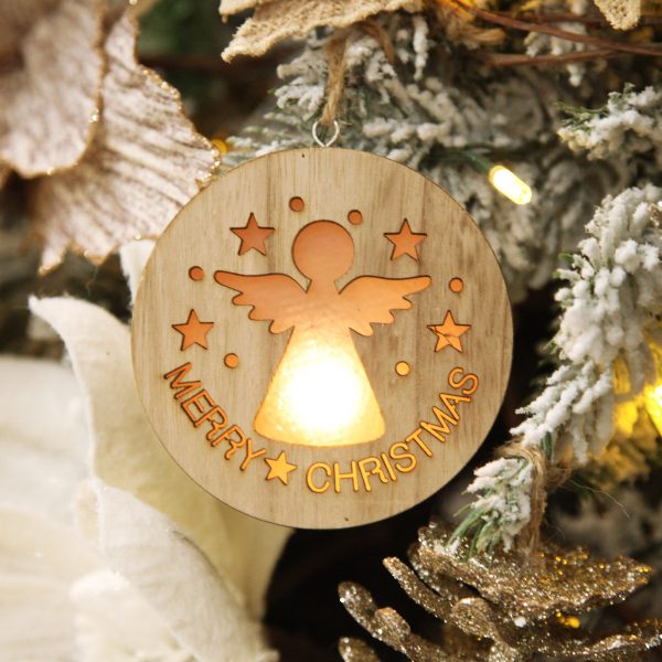 Wooden Lightup Angel Cut Out Tree Decoration - Merry Christmas Hanging
