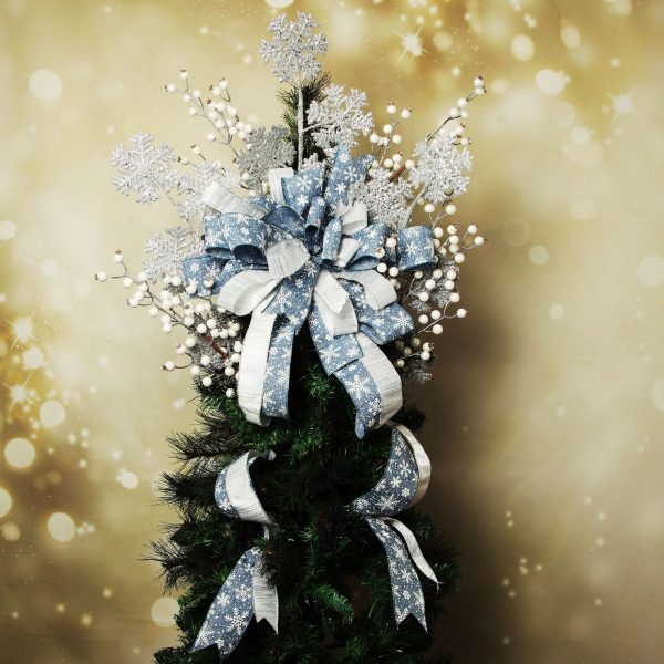 Blue and Silver Deluxe tree topper bow with streamers