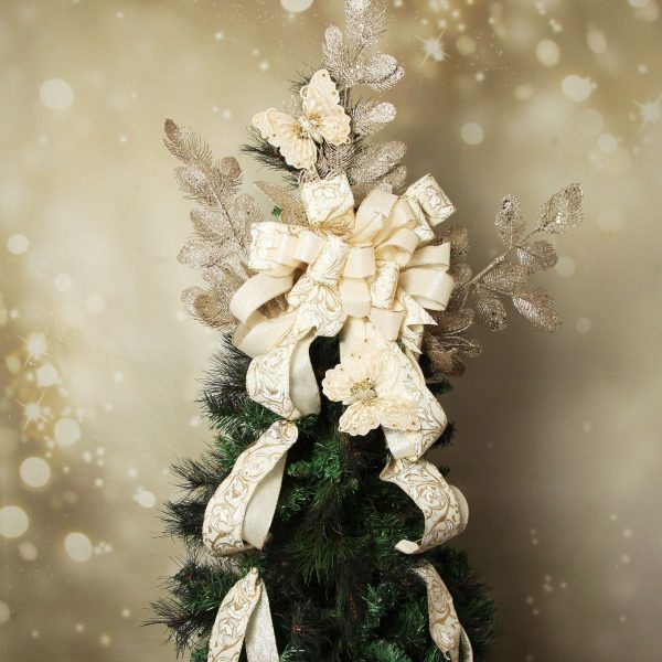 Ivory Gold Glitter Deluxe Tree Topper Bow with Streamers
