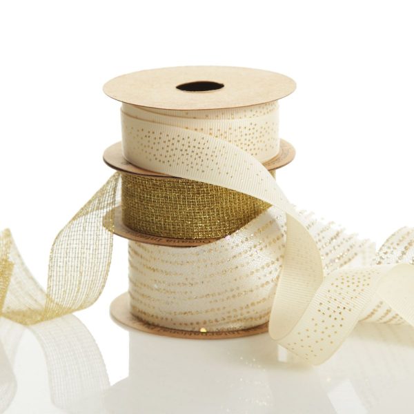 Three Assorted Ivory Champagne Mesh Glitter Dots Christmas Ribbons Group
