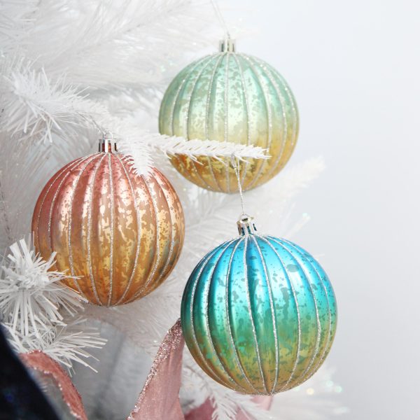 Assorted Ombre Pastel Ribbed Shatterproof Hanging in a white christmas tree