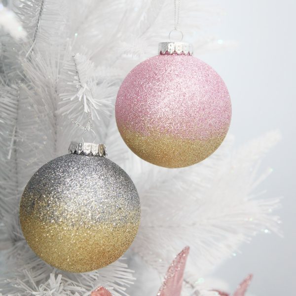 Assorted Ombre Pastel Ribbed Shaterproof Hanging in a white christmas tree