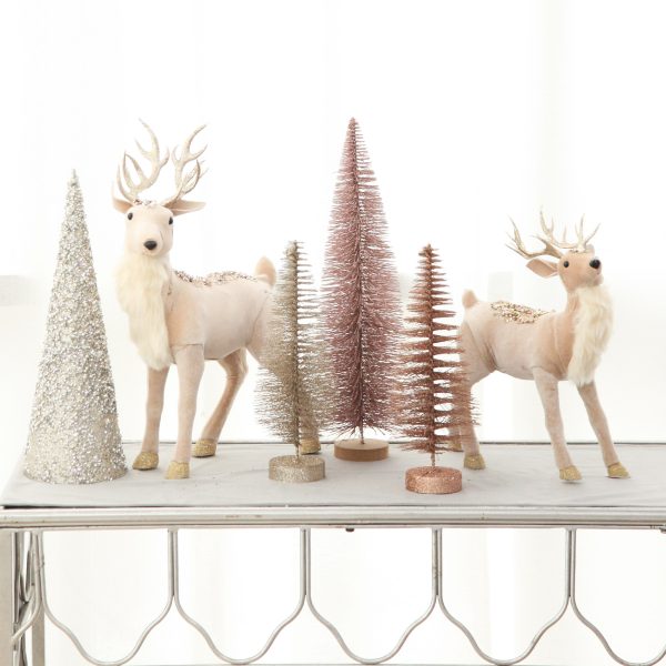 Blush and Blue Christmas Console with two standing deer and a brush table tree