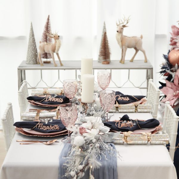 Blush and Blue Christmas Table with Two Deer Standing and other Table ornaments