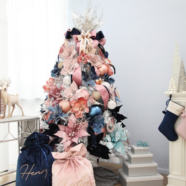 Blush and Blue Christmas Tree with Santa Sack placed below