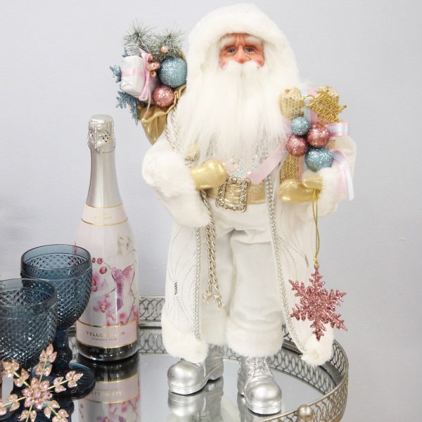 Pastel and white santa christmas ornament - Santa holding a lot of christmas gifts and baubles with a little wine placed beside him