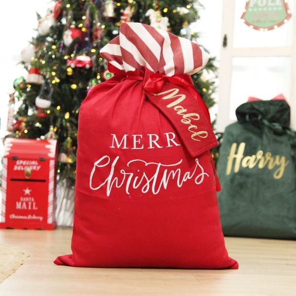 Personalised Red Merry Christmas Santa Sack with Candy Cane Stripe Trim