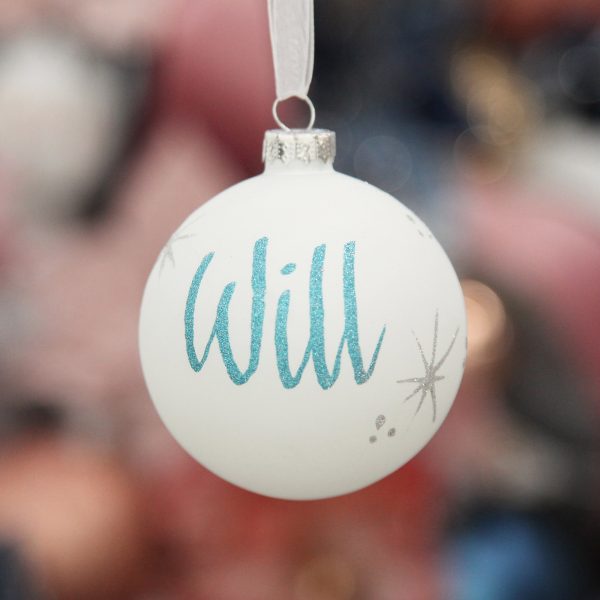 Personalised White Glass Christmas Bauble Hanging - Named Will