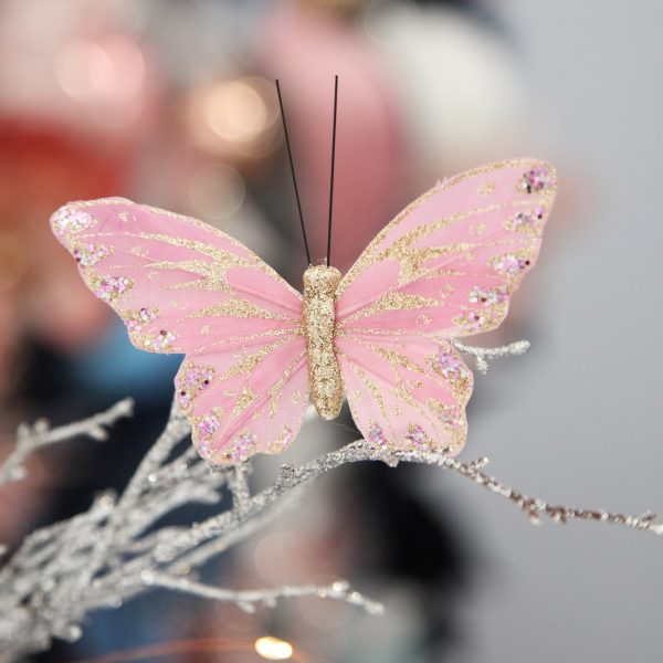 Pink with Purple Sequins Butterfly Clip on a branch