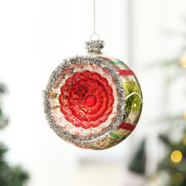 Retro Vintage Glass Christmas Bauble Red Stripe Hanging