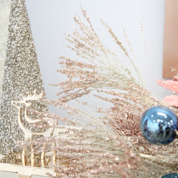 Rose Gold Glitter Grass Spray with gloss blue bauble with gold stocking hanger