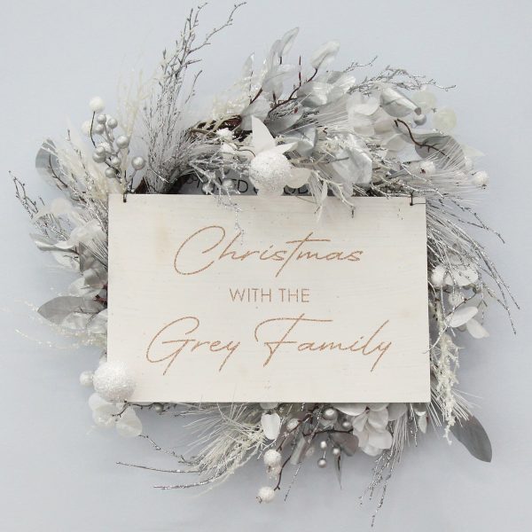 Silver and white frost christmas wreath with plaque - Christmas with the grey family
