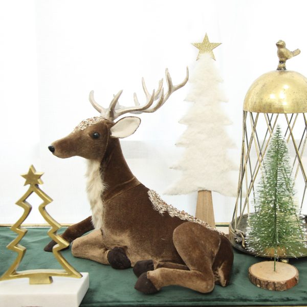 Sitting velvet chocolate deer with fur and jewels