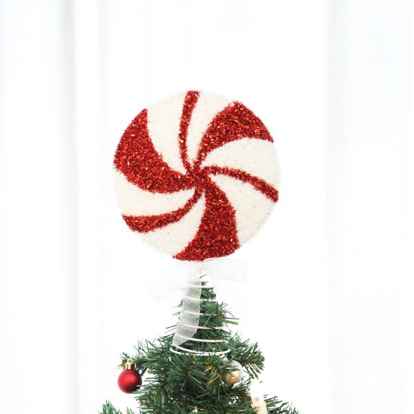 White and red tinsel peppermenit swirl tree topperWhite and red tinsel peppermenit swirl tree topper