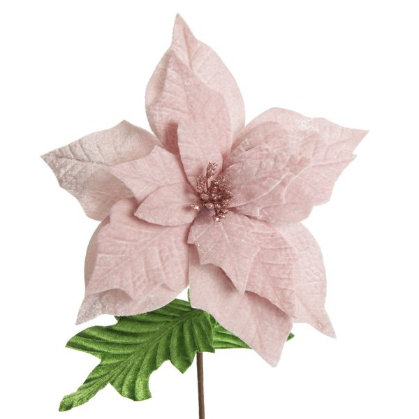 Baby Pink Velvet Poinsettia Flower Stem Green Leaves Main