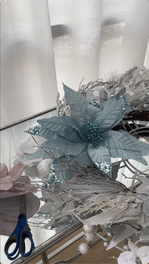 Blush Blue Christmas Floral Wreath Chandelier Position Attach Flower