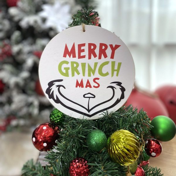 White merry grinchmas christmas sign - added on top of the christmas tree