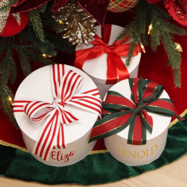 Harlequin Christmas Holiday Red and Green Velvet Tree Skirt White Gift Box Ribbons