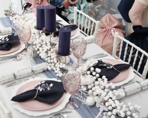 Blush and Blue Christmas Table with Bon bons and Dark Blue Candles